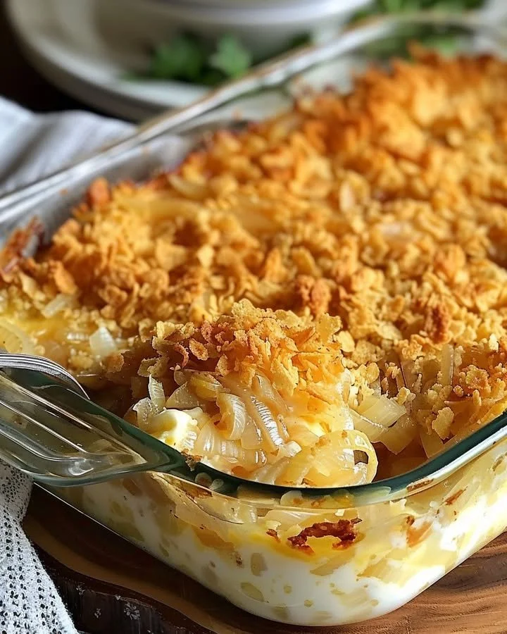 Cheesy Vidalia Onion Casserole dish ready to serve