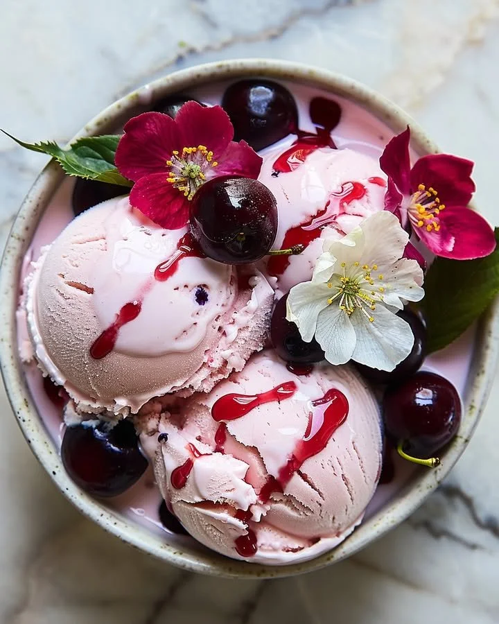 Cherry blossom ice cream in a bowl with cherry petals on top