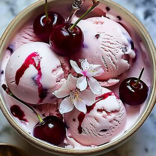A scoop of cherry blossom ice cream in a waffle cone with cherry blossoms in the background.