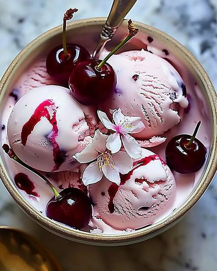 A scoop of cherry blossom ice cream in a waffle cone with cherry blossoms in the background.