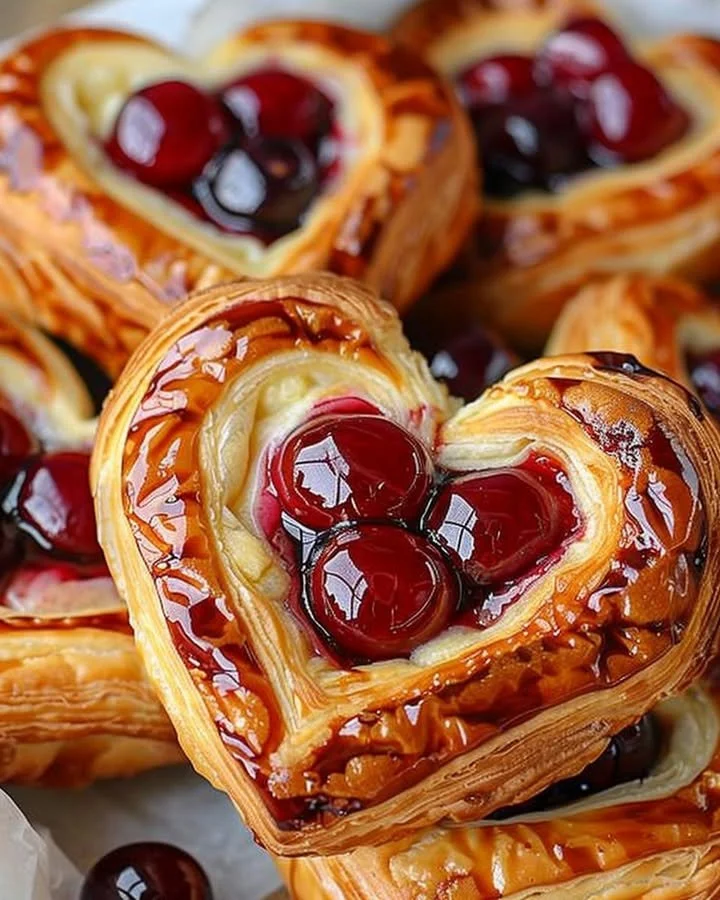 Delicious Cherry Cheese Danish topped with cherries and cream cheese filling