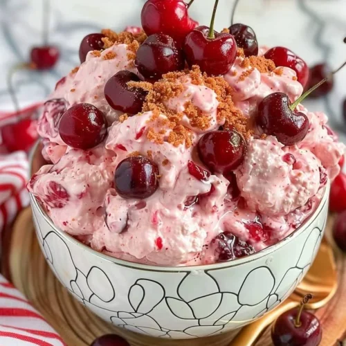 Delicious Cherry Cheesecake Cloud Dessert topped with fresh cherries and cream.