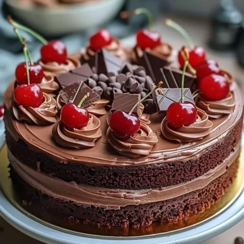 Slice of Cherry-Chocolate Delight Cake with cherries and chocolate frosting