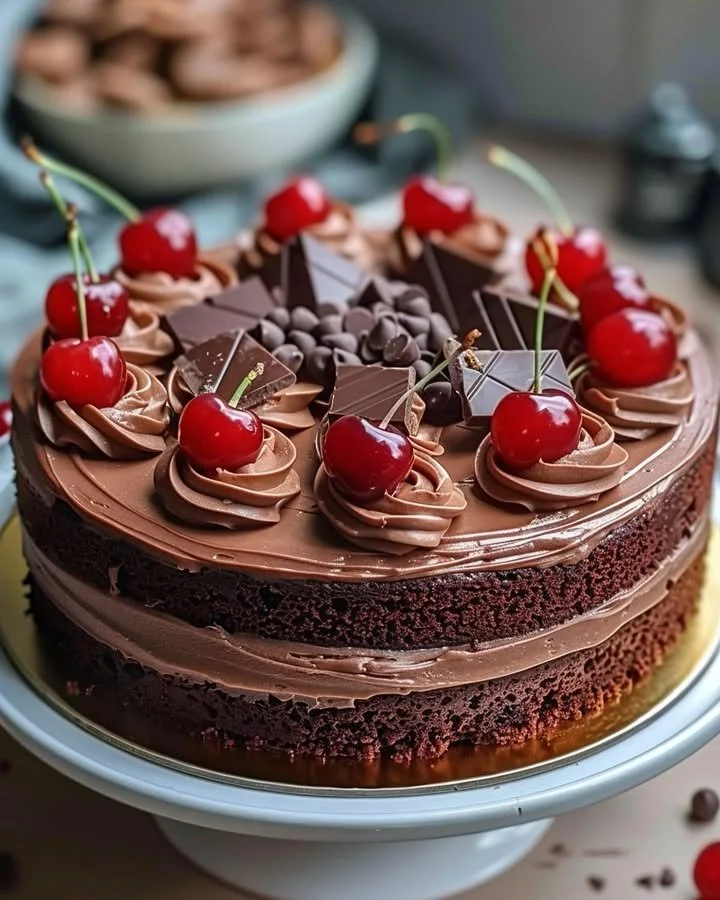 Slice of Cherry-Chocolate Delight Cake with cherries and chocolate frosting