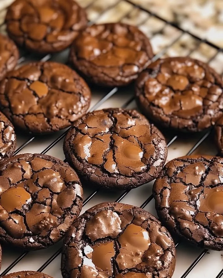 Delicious chewy fudgy chocolate cookies on a cooling rack