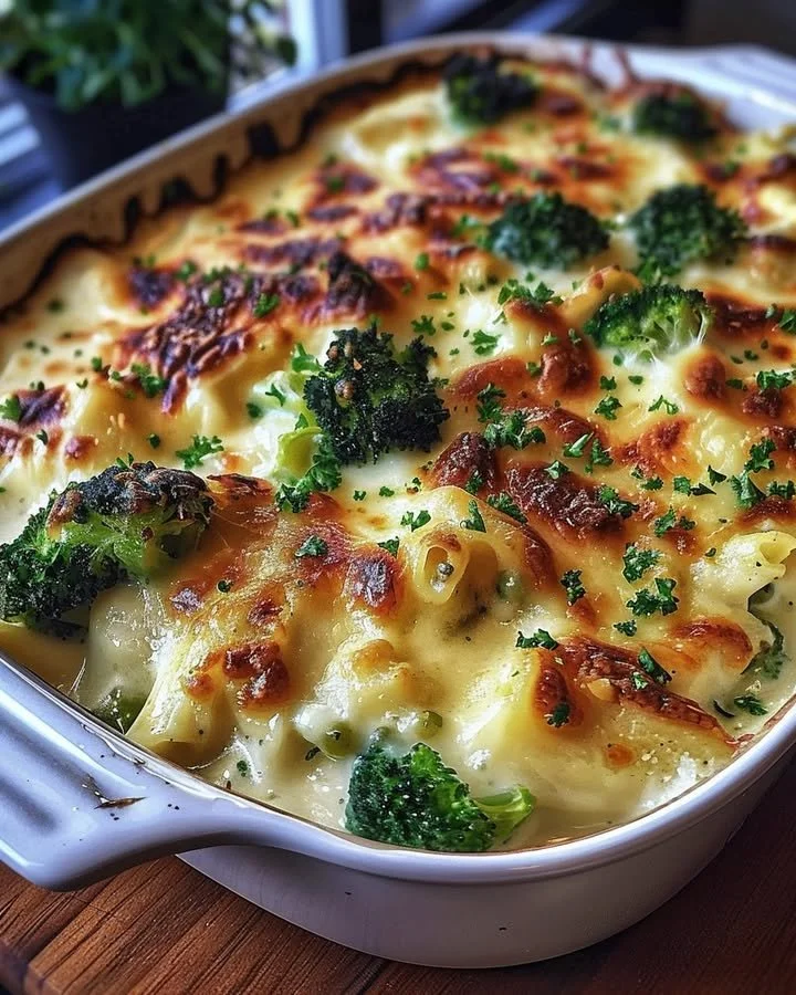 Delicious Chicken and Broccoli Baked Alfredo served in a bowl with fresh herbs