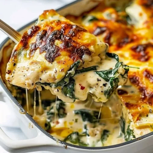 Creamy Chicken Spinach Casserole with cream cheese and fresh ingredients