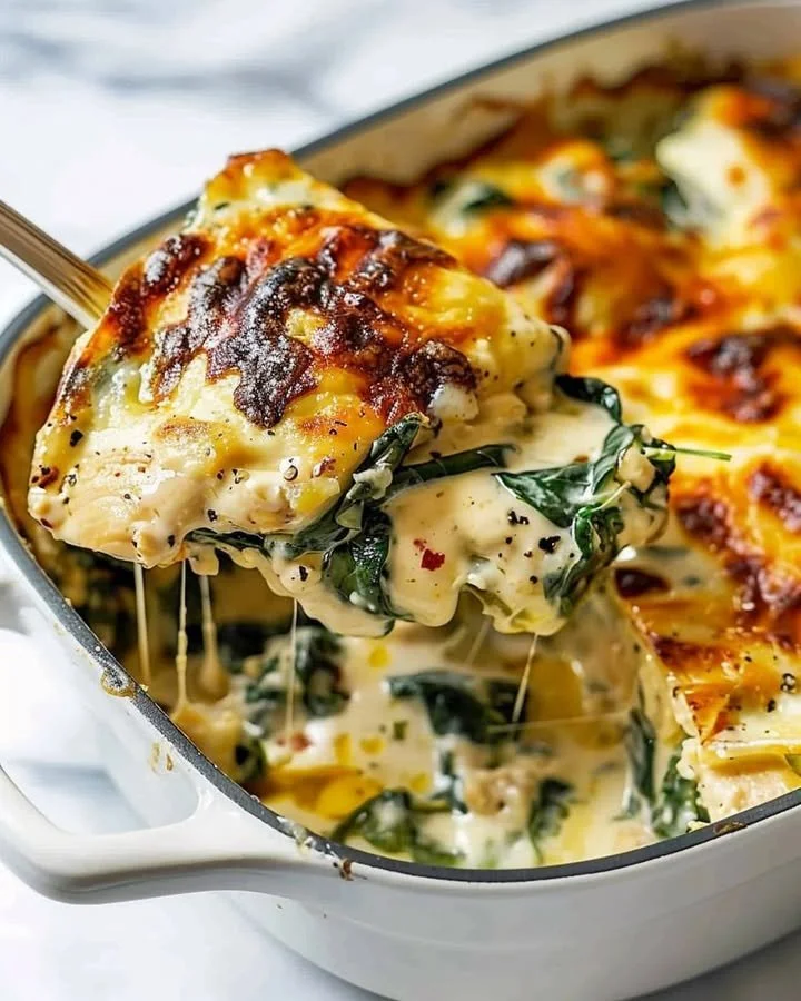 Creamy Chicken Spinach Casserole with cream cheese and fresh ingredients