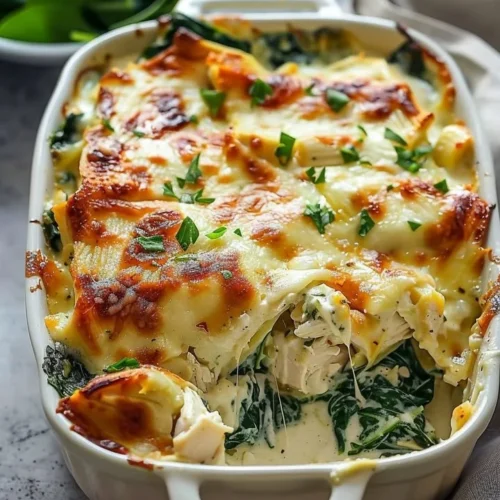 Chicken and Spinach Casserole with cream cheese served in a baking dish