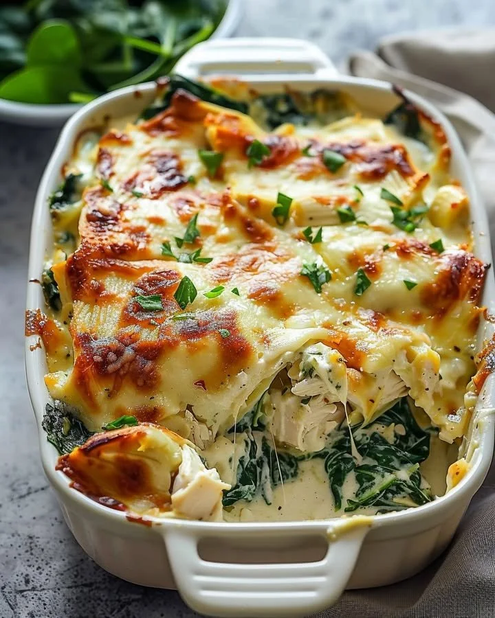 Chicken and Spinach Casserole with cream cheese served in a baking dish