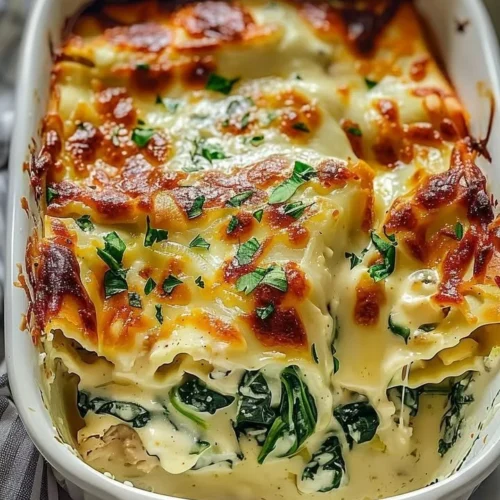 Delicious Chicken Casserole with Spinach and Cream Cheese in a baking dish