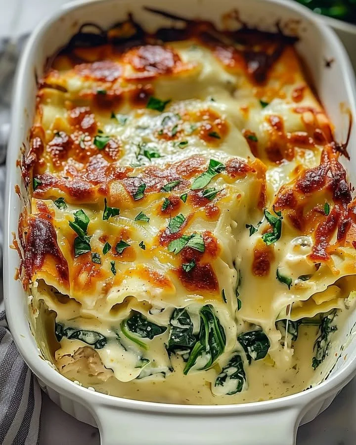 Delicious Chicken Casserole with Spinach and Cream Cheese in a baking dish