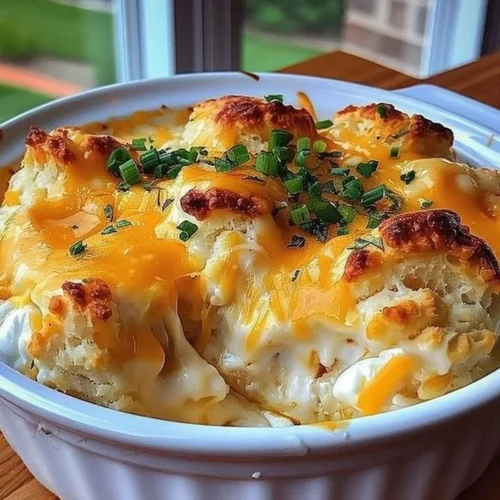 Delicious Chicken Biscuit Casserole garnished and ready to serve