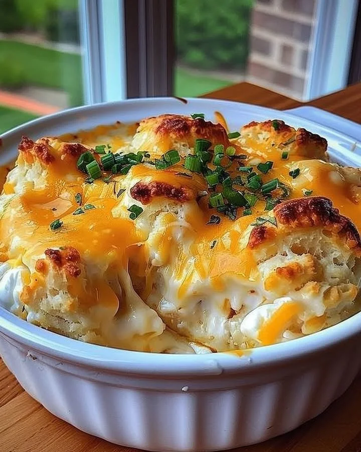 Delicious Chicken Biscuit Casserole garnished and ready to serve