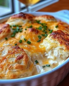 Delicious Chicken Biscuit Casserole in a baking dish topped with flaky biscuits