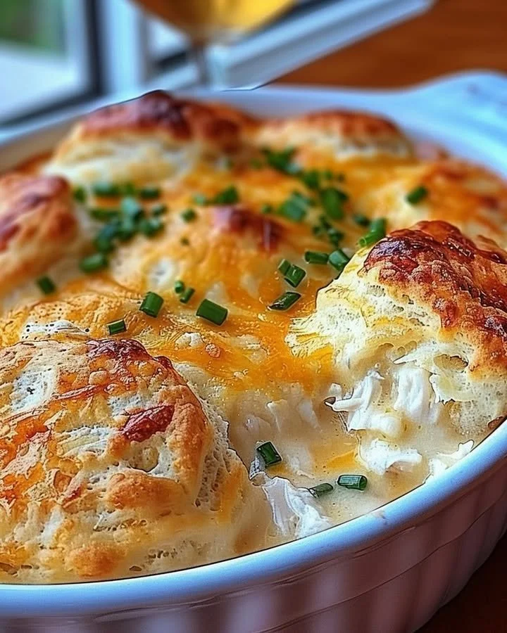 Delicious Chicken Biscuit Casserole in a baking dish topped with flaky biscuits