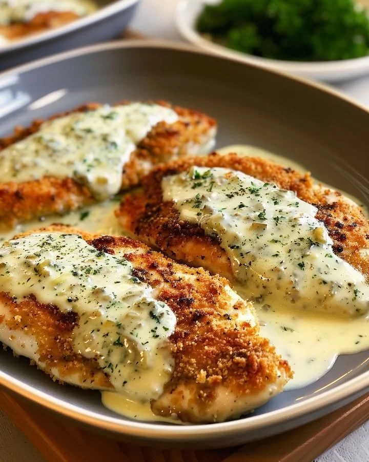 Delicious chicken served with rich basil cream sauce