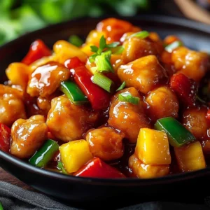 Plate of Chinese sweet and sour chicken with colorful vegetables