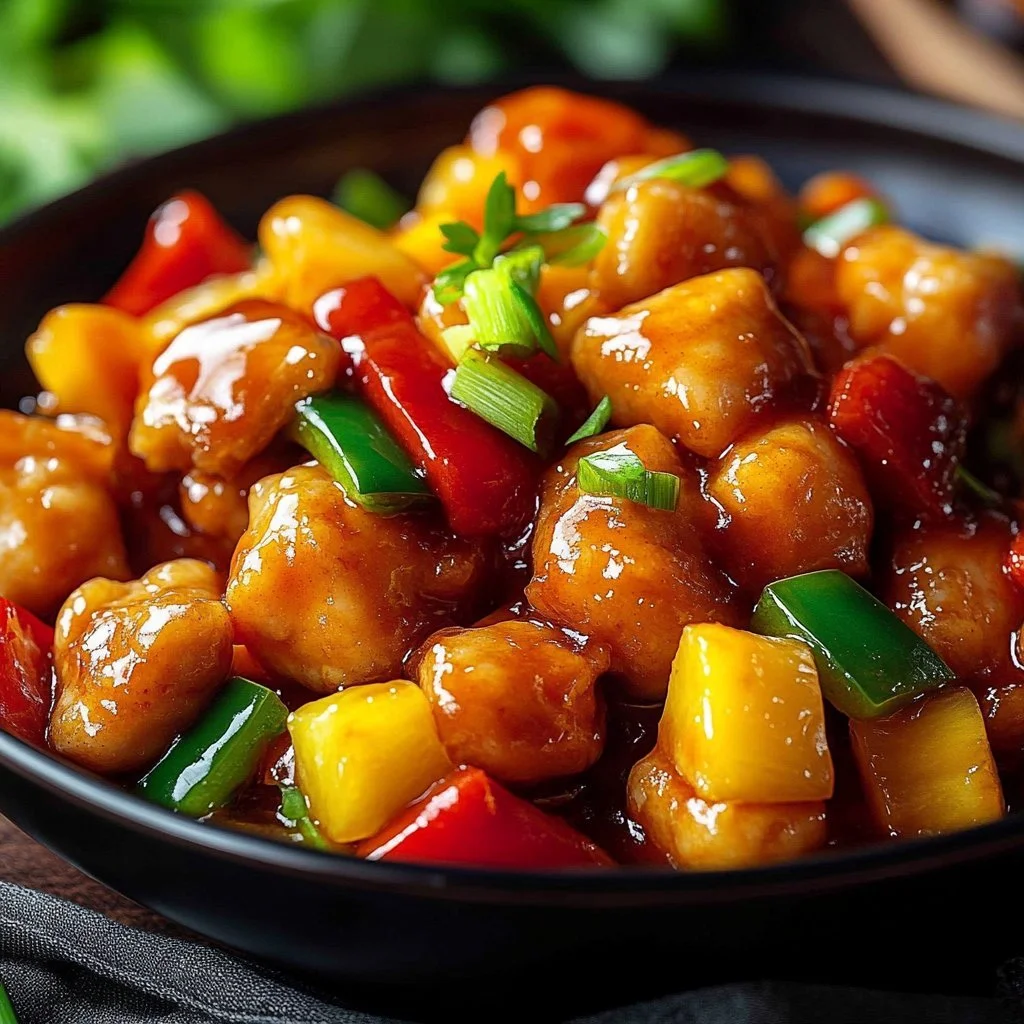 Plate of Chinese sweet and sour chicken with colorful vegetables