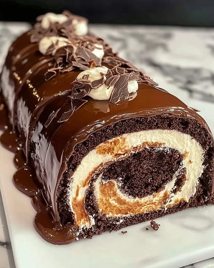 Delicious chocolate cake roll filled with creamy chocolate frosting