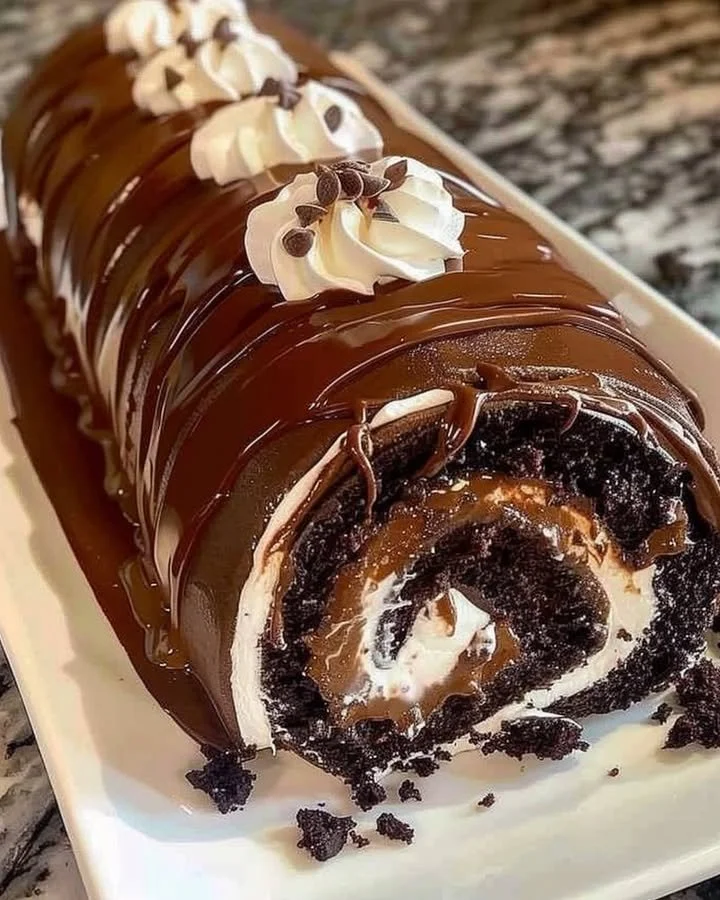 Delicious chocolate cake roll garnished with whipped cream and chocolate shavings
