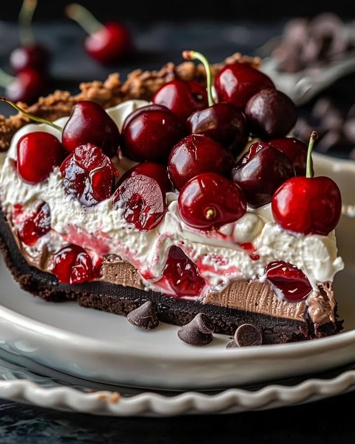 Delicious Chocolate Cherry Cream Pie topped with cherries and whipped cream