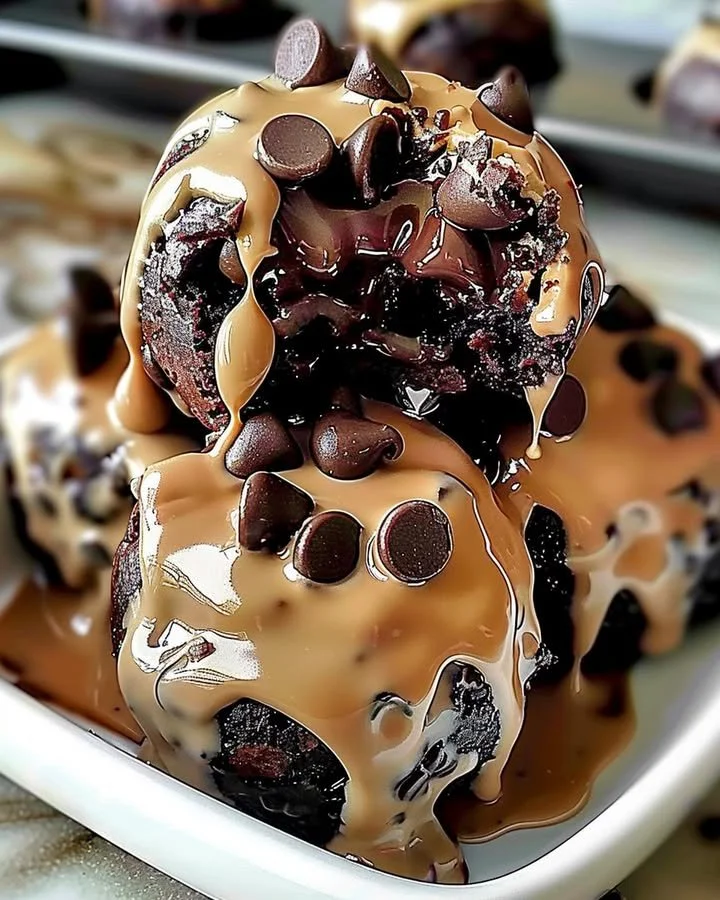 Chocolate chip cookie dough brownie bombs topped with chocolate drizzle