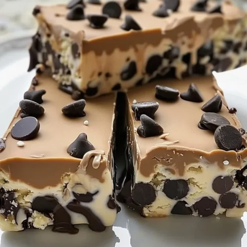 Chocolate chip cookie dough ice cream bars stacked on a table