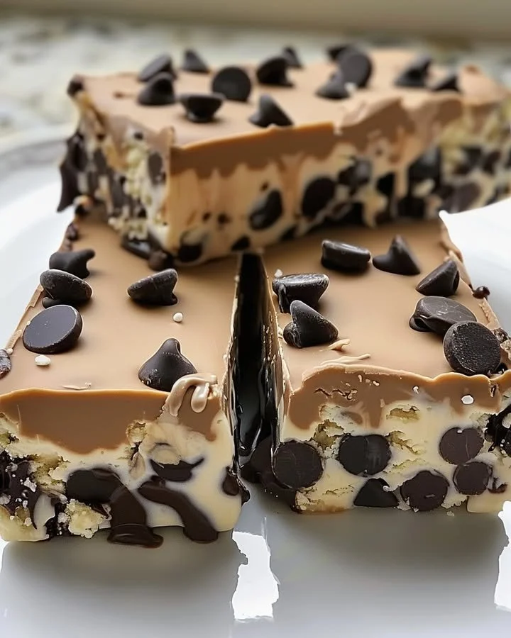 Chocolate chip cookie dough ice cream bars stacked on a table