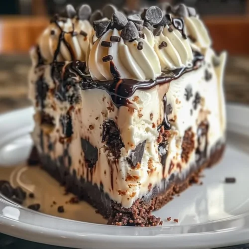 Slice of Chocolate Chip Cookie Dough Ice Cream Cake topped with cookie dough pieces