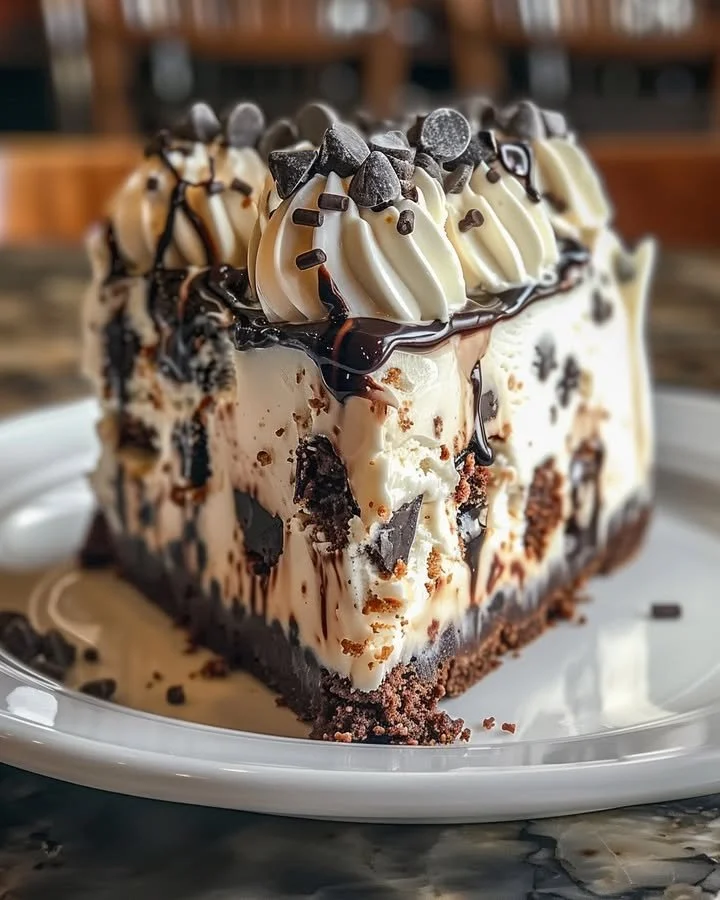 Slice of Chocolate Chip Cookie Dough Ice Cream Cake topped with cookie dough pieces