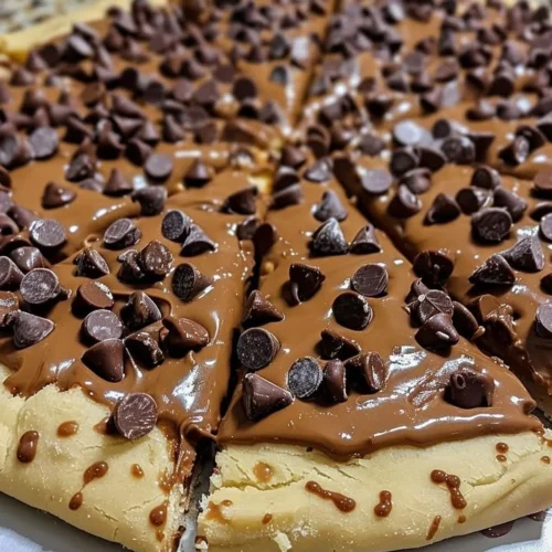 Chocolate chip cookie dough pizza topped with cookie dough and chocolate chips
