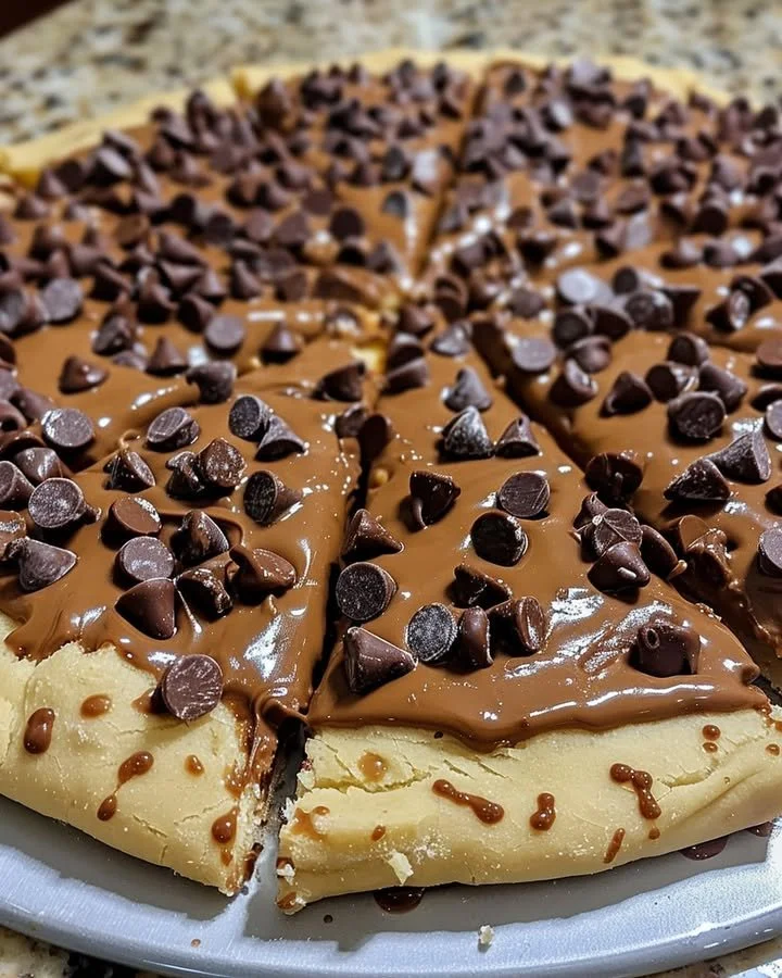 Chocolate chip cookie dough pizza topped with cookie dough and chocolate chips