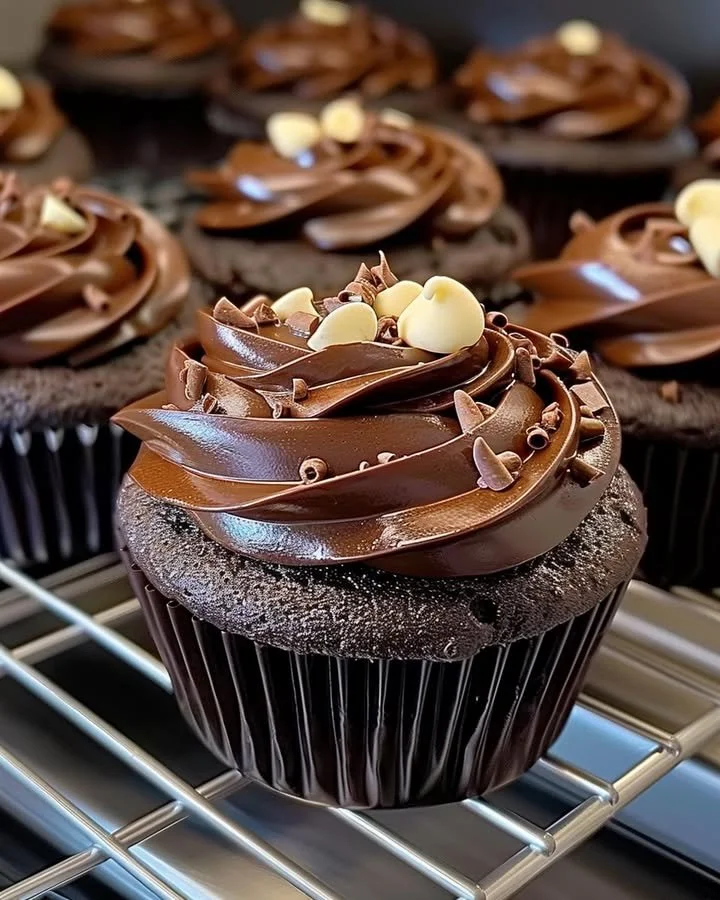 Delicious homemade Chocolate Fudge Cupcakes topped with rich chocolate frosting