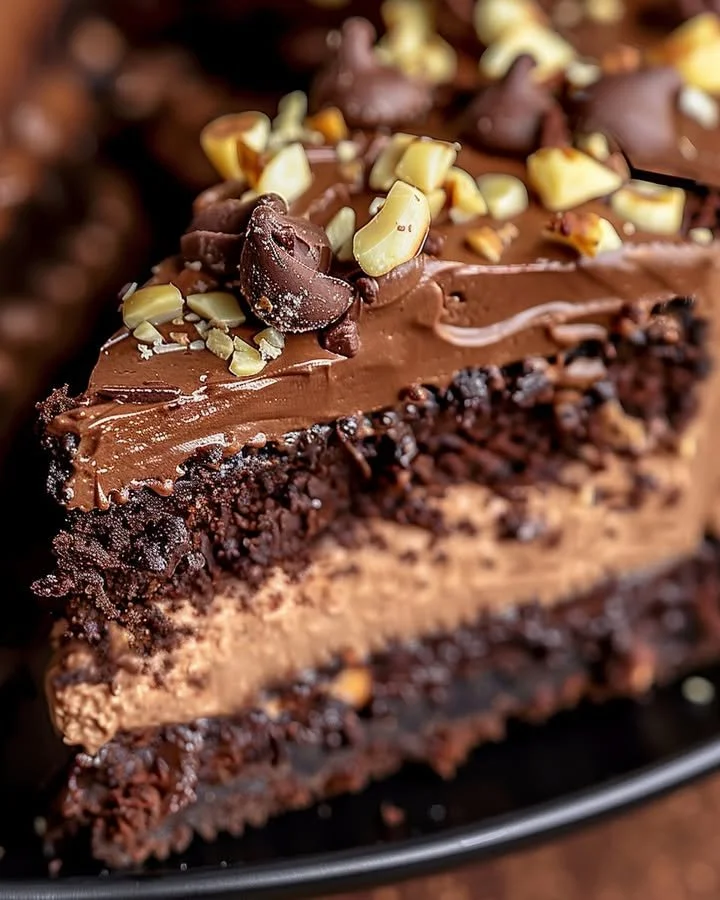 Slice of Chocolate Hazelnut Cheesecake Cake topped with chocolate ganache and hazelnuts