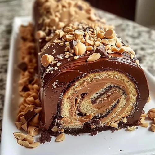 Delicious Chocolate Peanut Butter Cake Roulade with creamy frosting and drizzled chocolate.