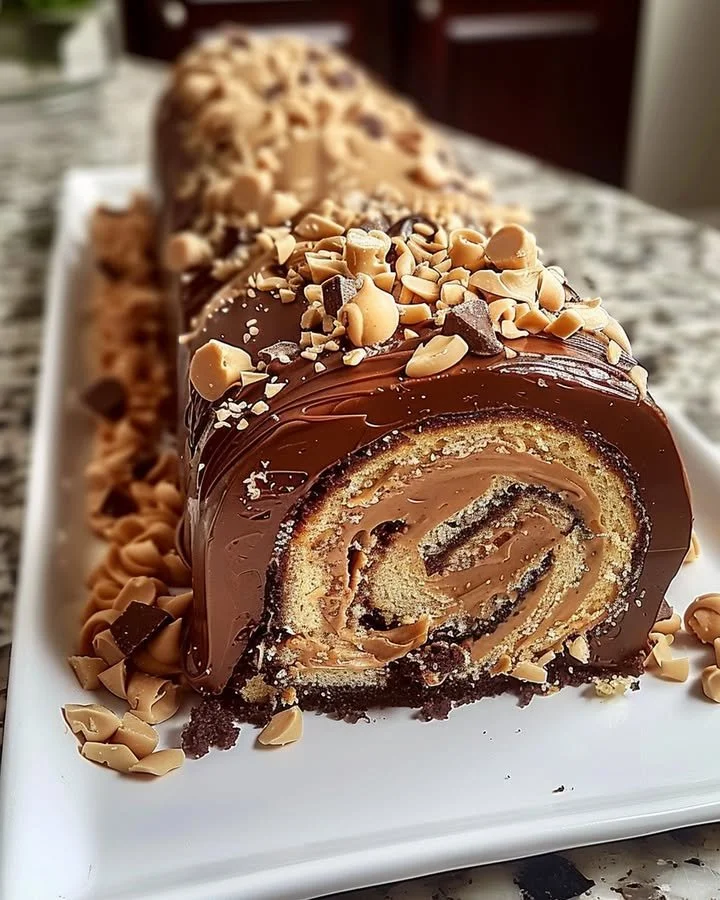 Delicious Chocolate Peanut Butter Cake Roulade with creamy frosting and drizzled chocolate.