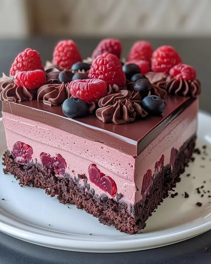 Decadent Chocolate Raspberry Mousse Cake topped with fresh raspberries and chocolate shavings