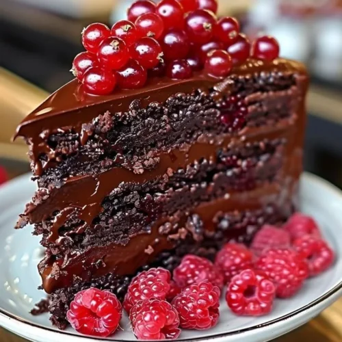 Delicious chocolate raspberry truffle cake garnished with fresh raspberries