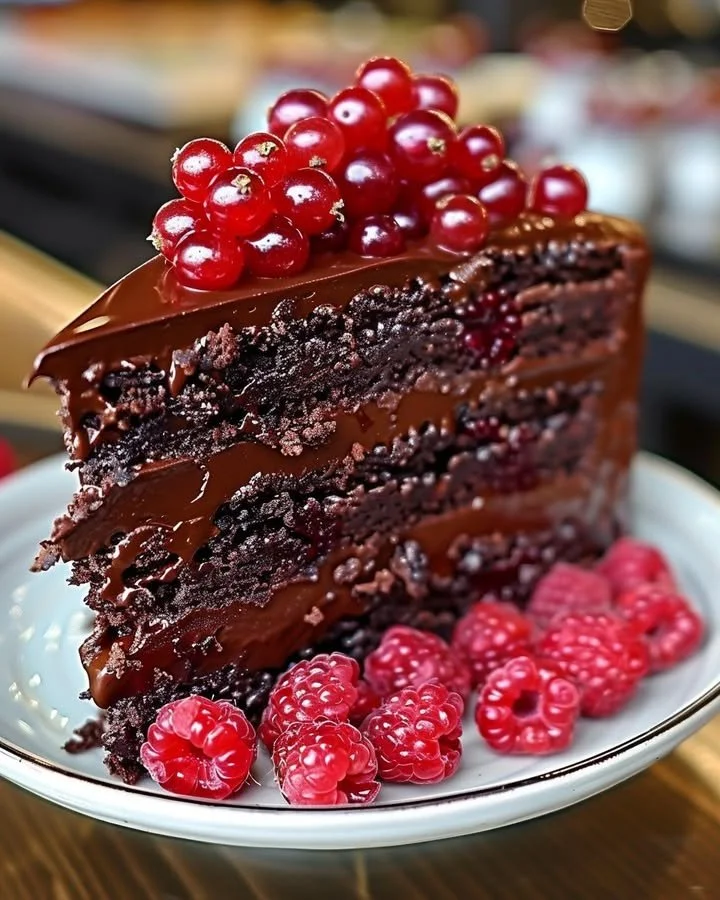 Delicious chocolate raspberry truffle cake garnished with fresh raspberries