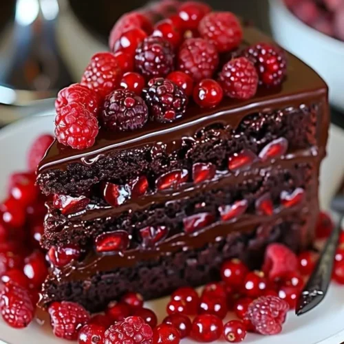 Delicious Chocolate Raspberry Truffle Cake with fresh raspberries and chocolate ganache