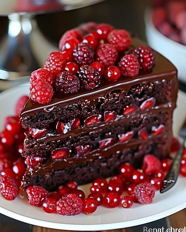 Delicious Chocolate Raspberry Truffle Cake with fresh raspberries and chocolate ganache