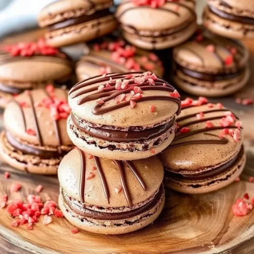 Chocolate Strawberry Macarons with pink and brown colors displayed on a plate.
