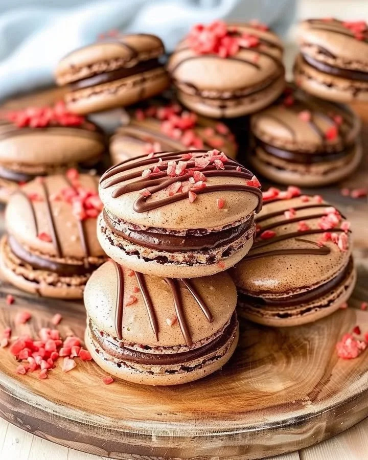 Chocolate Strawberry Macarons with pink and brown colors displayed on a plate.
