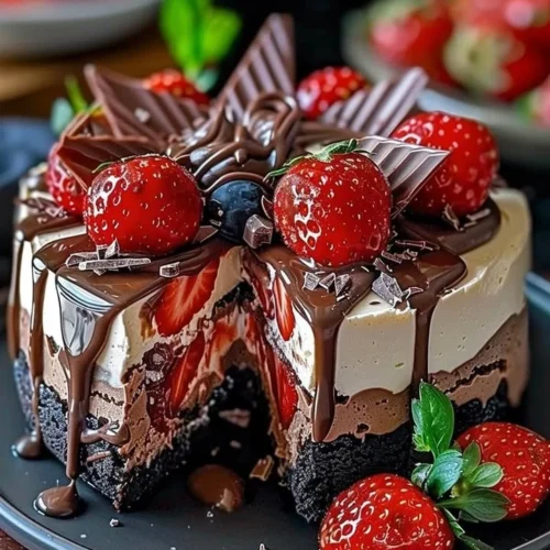 Delicious Chocolate Strawberry Swirl Cheesecake topped with strawberry slices and chocolate drizzle.