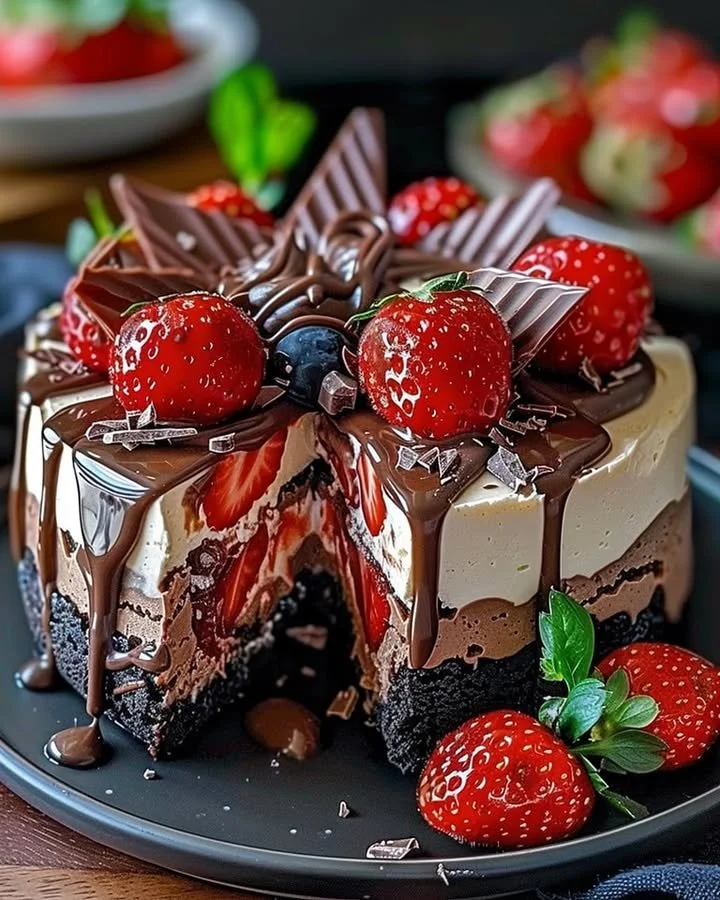 Delicious Chocolate Strawberry Swirl Cheesecake topped with strawberry slices and chocolate drizzle.