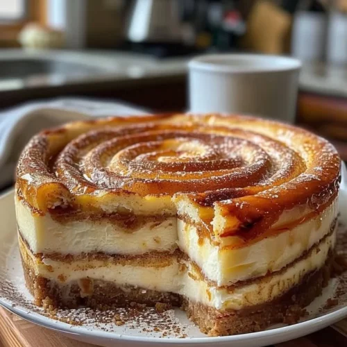 Delicious Cinnamon Roll Honeybun Cheesecake slice on a plate