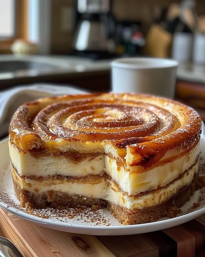 Delicious Cinnamon Roll Honeybun Cheesecake slice on a plate