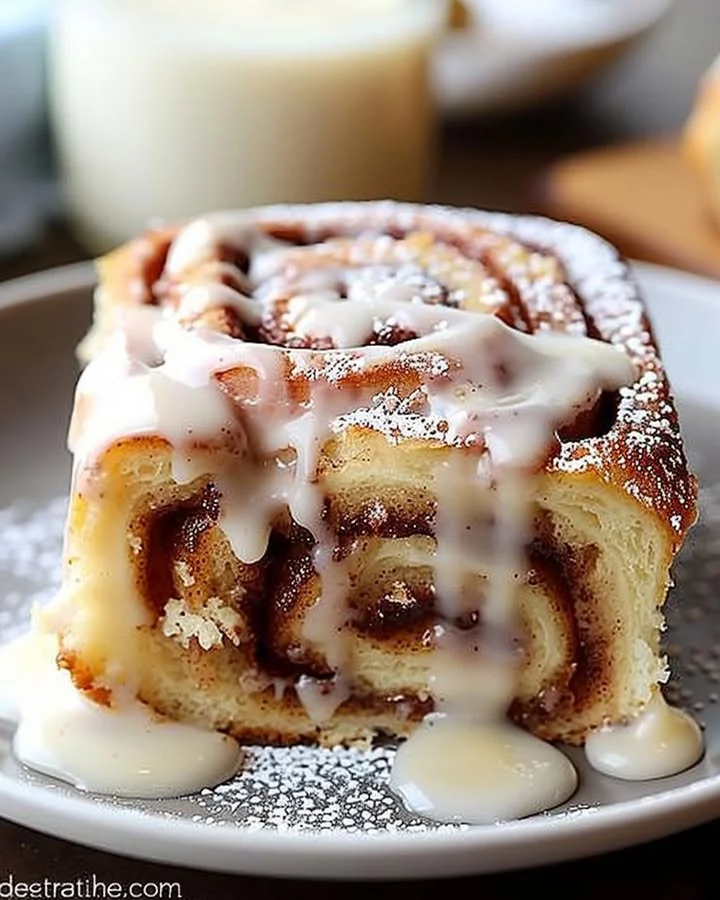 Delicious cinnamon roll poke cake topped with icing and cinnamon.