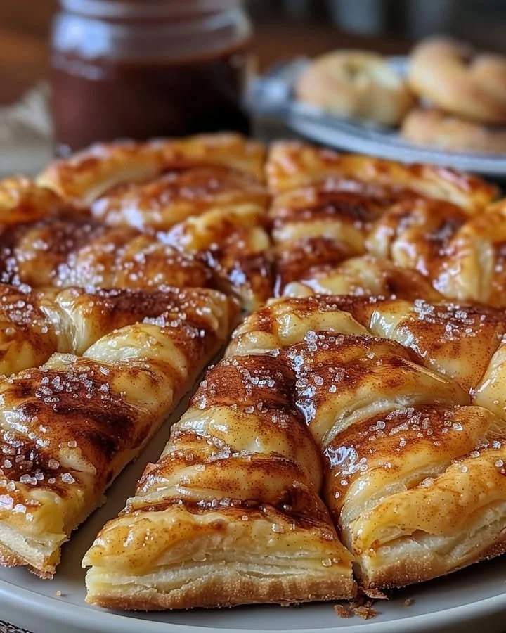 Cinnamon-sugar pizza made with crescent rolls, sprinkled with cinnamon and sugar.